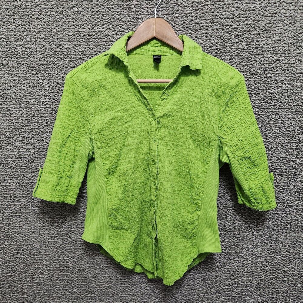GRAND & GREENE Women’s Lime Green Textured Button Long Sleeve Blouse Top Size S